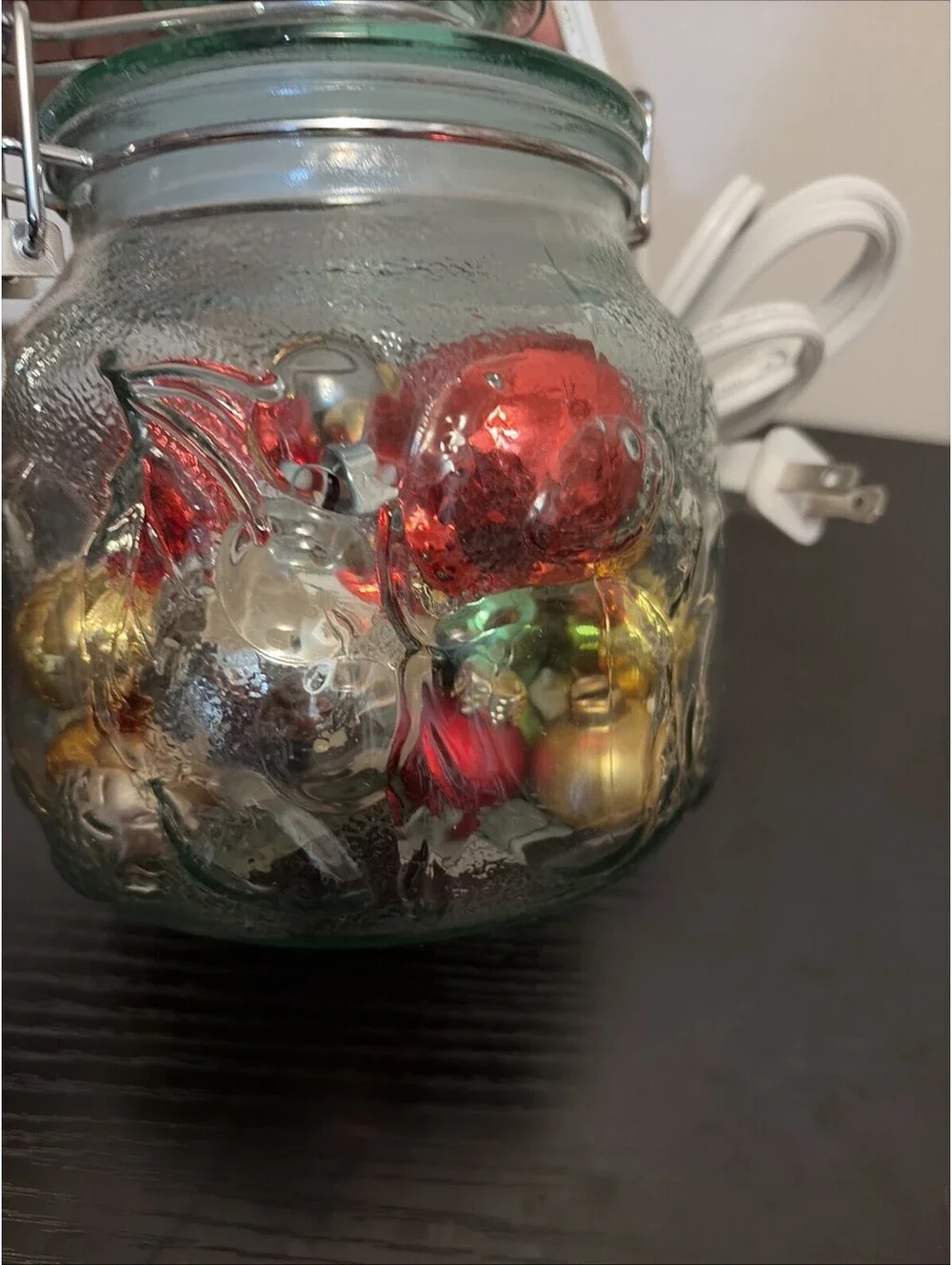 Aqua Clear Jar With Latch Filled With Christmas Bulbs Lamp Works